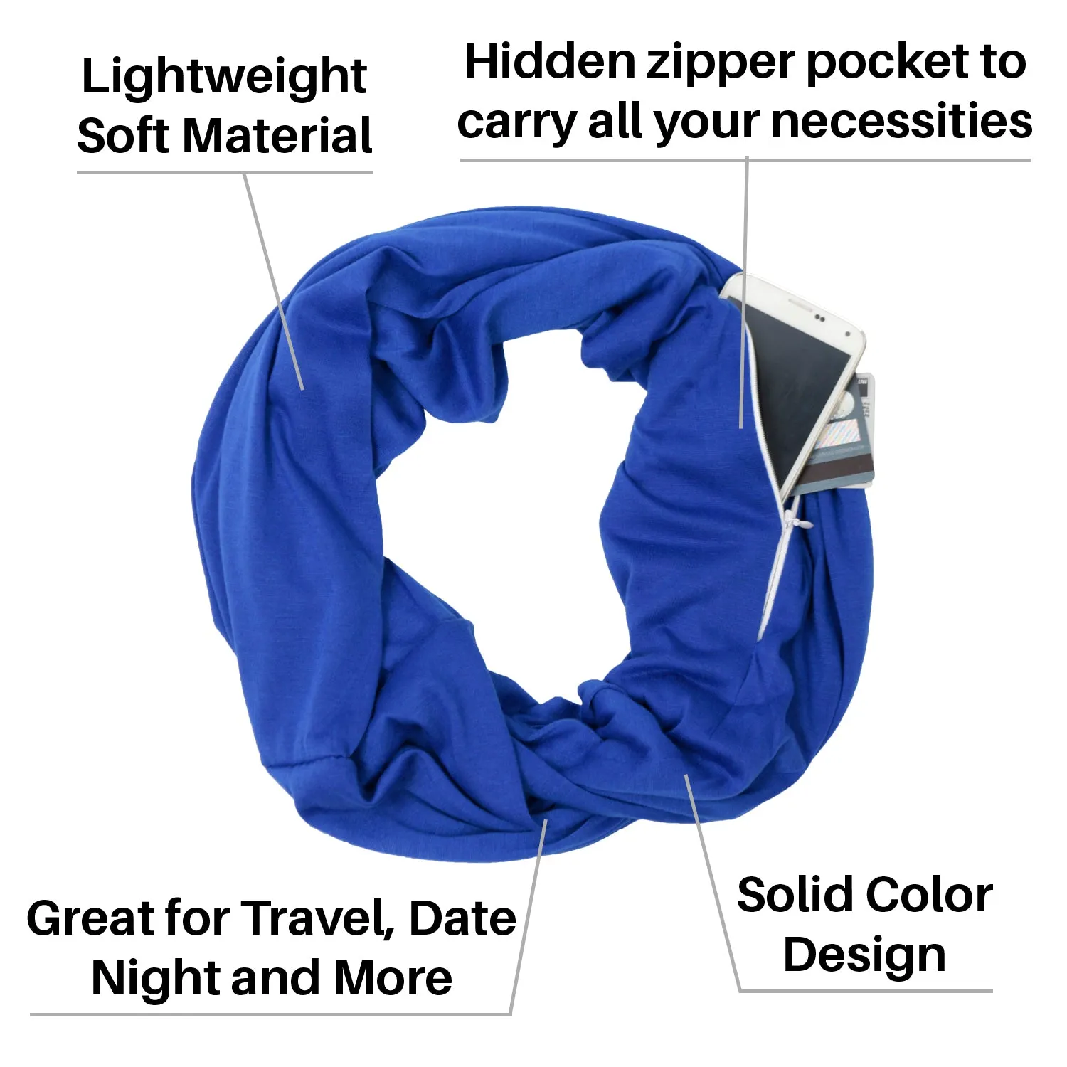 Pop Fashion Solid Color Infinity Scarf for Women with Zipper Pocket