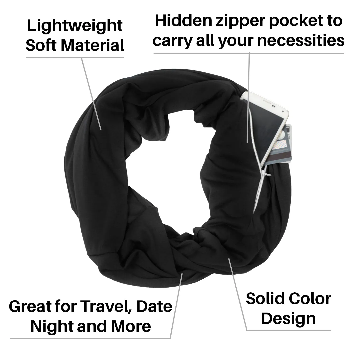 Pop Fashion Solid Color Infinity Scarf for Women with Zipper Pocket