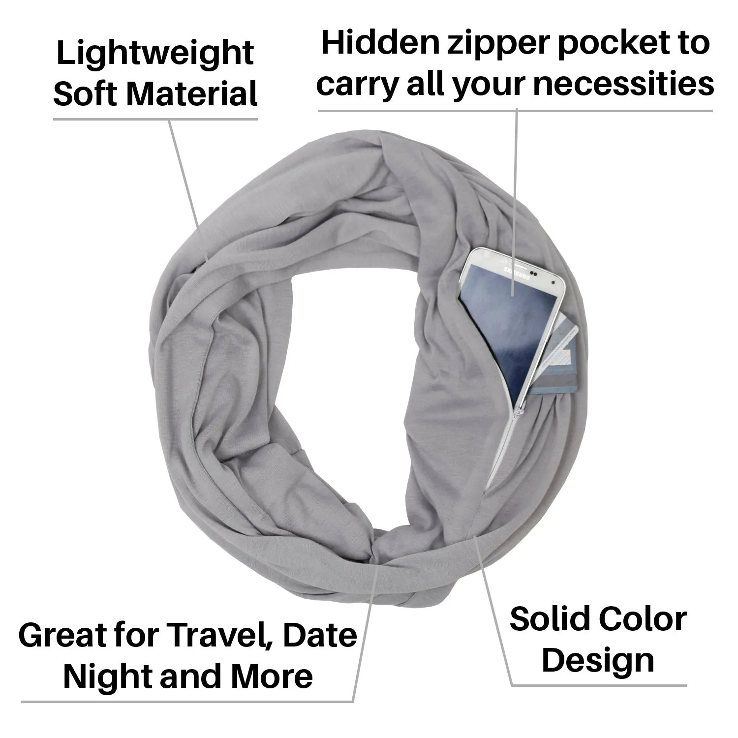 Pop Fashion Solid Color Infinity Scarf for Women with Zipper Pocket