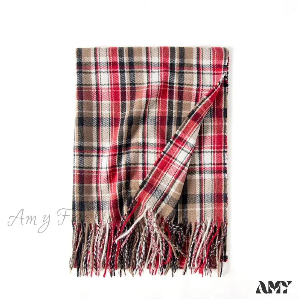 Red Plaid Cashmere Korean Style Fashion Warmer Hijab Pashmina Scarf for Women