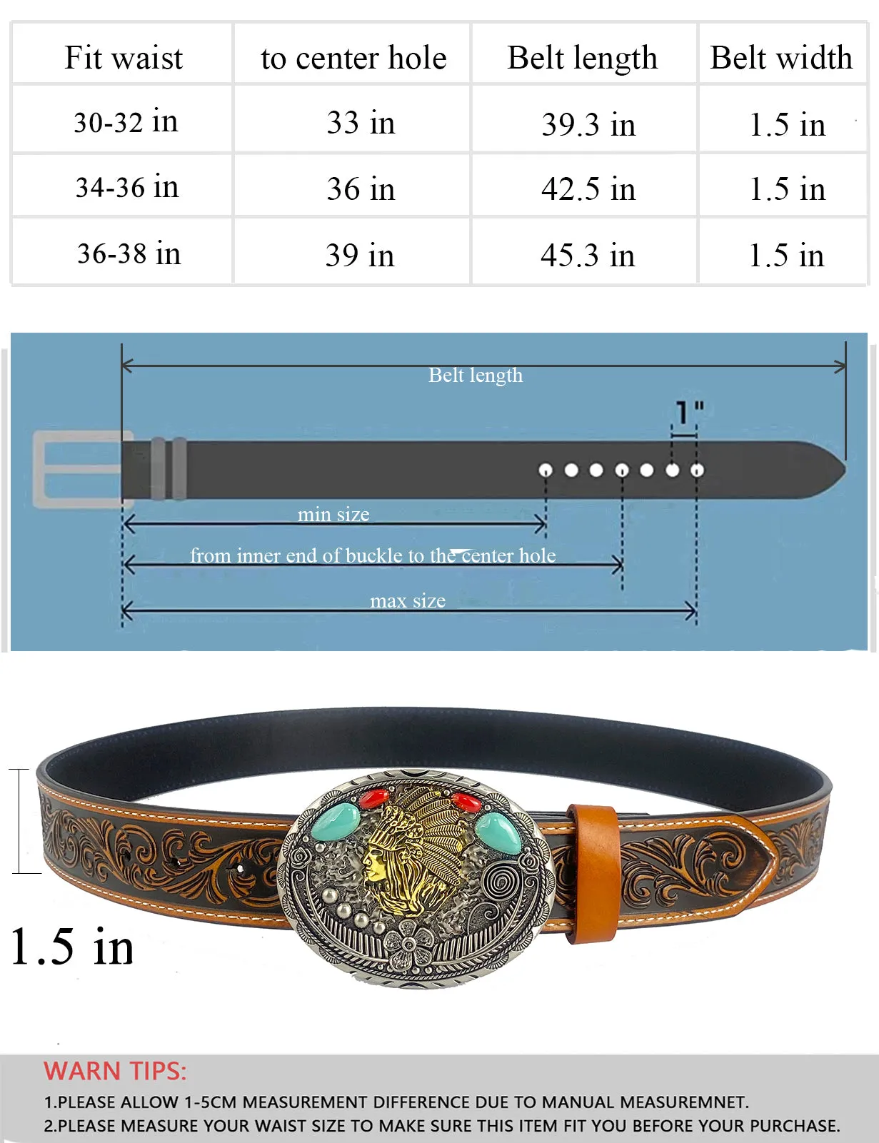 TOPACC Western Genuine Leather Pattern Tooled Belt-Turquoise Indians Belt Buckle