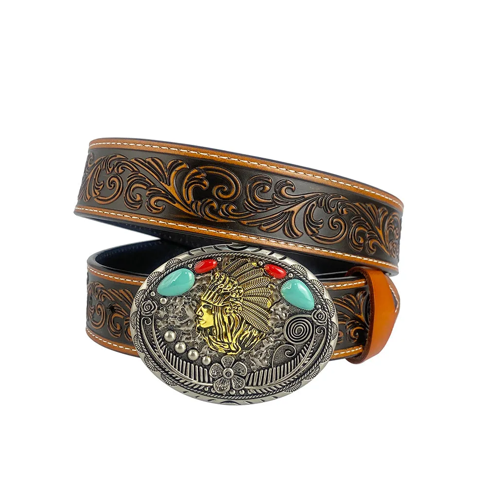 TOPACC Western Genuine Leather Pattern Tooled Belt-Turquoise Indians Belt Buckle