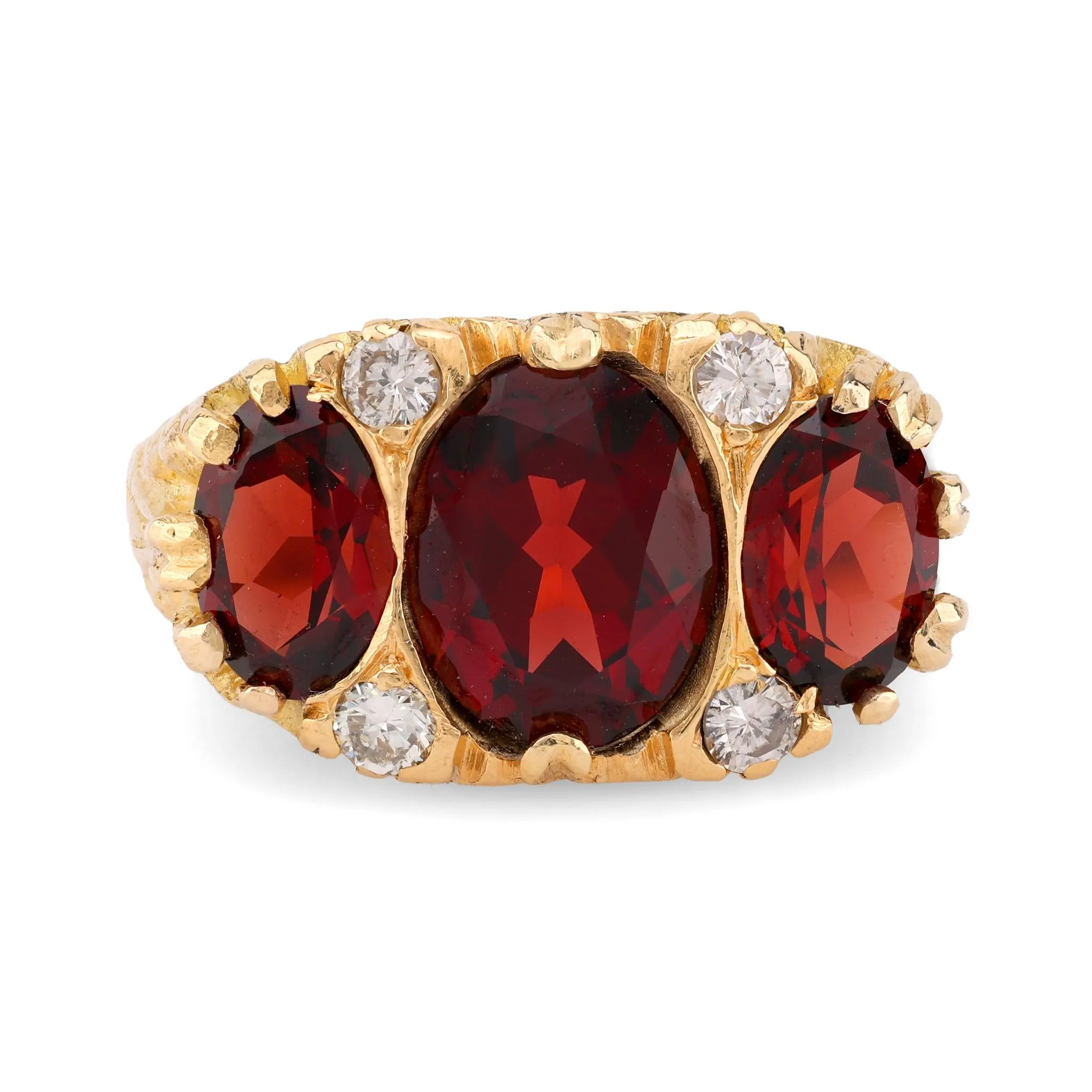 Victorian 4.2 Carat Oval Cut Garnet Diamond 18K Yellow Gold Three Stone Ring