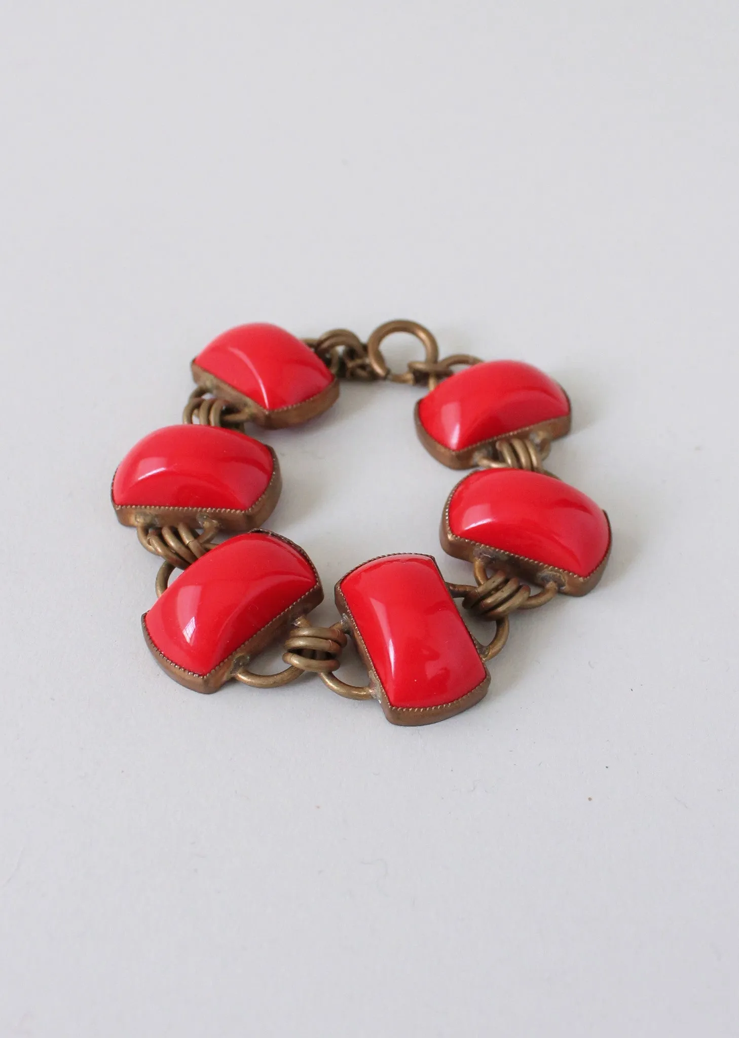 Vintage 1930s Art Deco Red Glass and Brass Bracelet