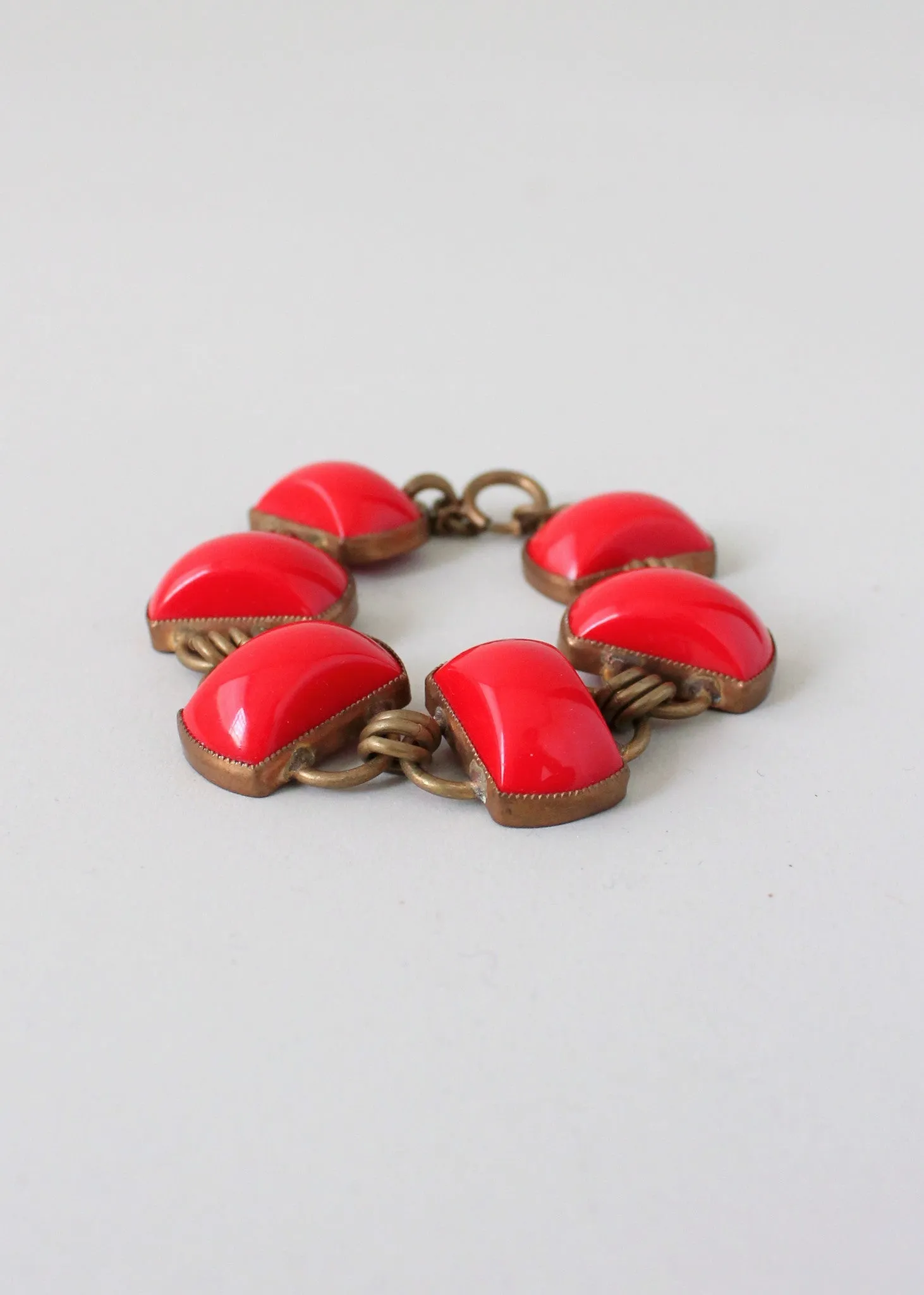 Vintage 1930s Art Deco Red Glass and Brass Bracelet