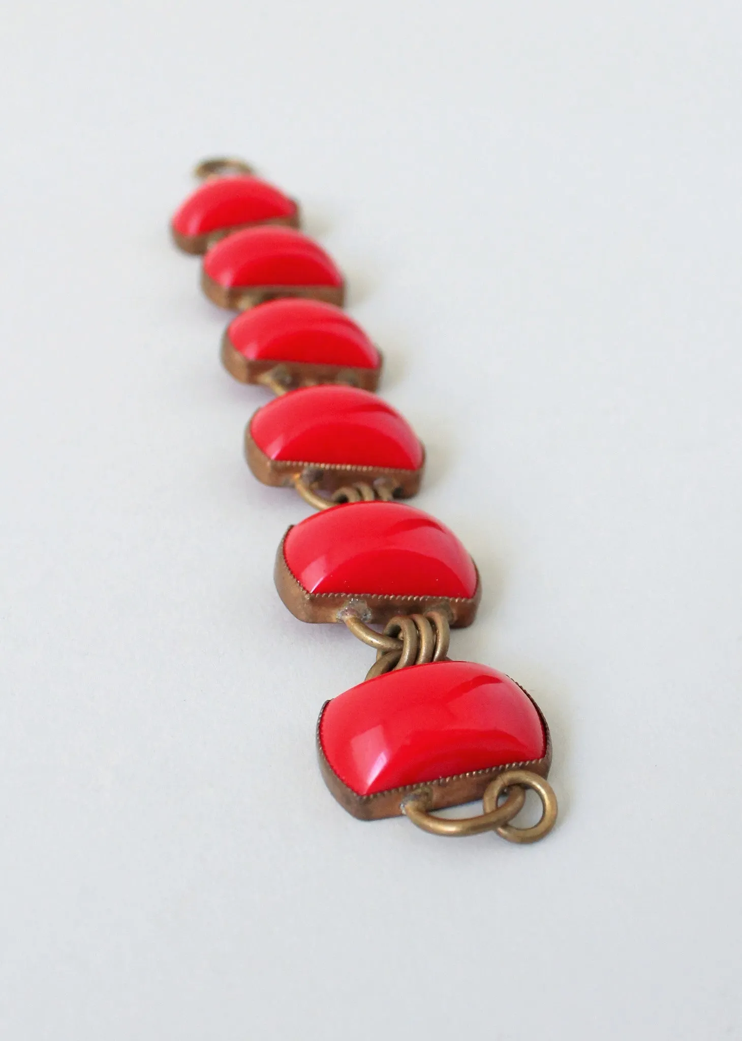 Vintage 1930s Art Deco Red Glass and Brass Bracelet