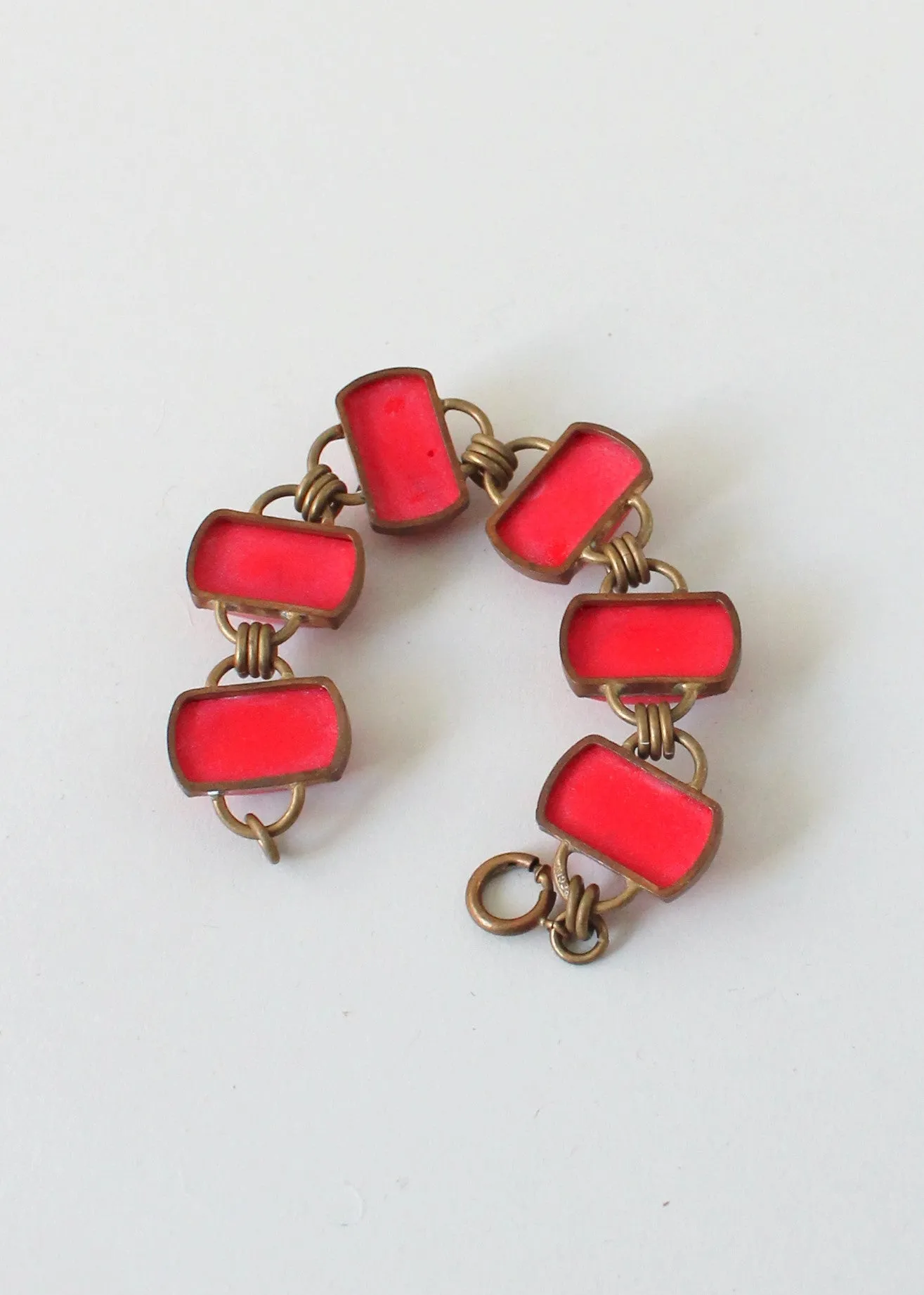 Vintage 1930s Art Deco Red Glass and Brass Bracelet