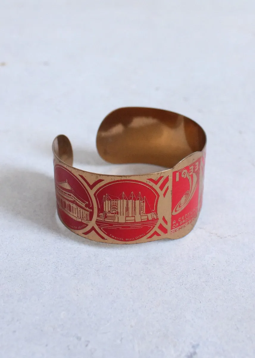 Vintage 1930s Chicago World's Fair Red and Brass Bangle