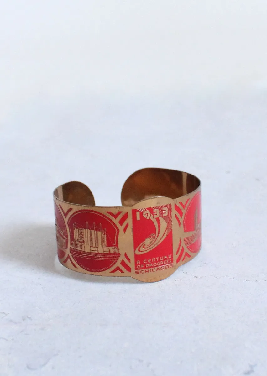 Vintage 1930s Chicago World's Fair Red and Brass Bangle