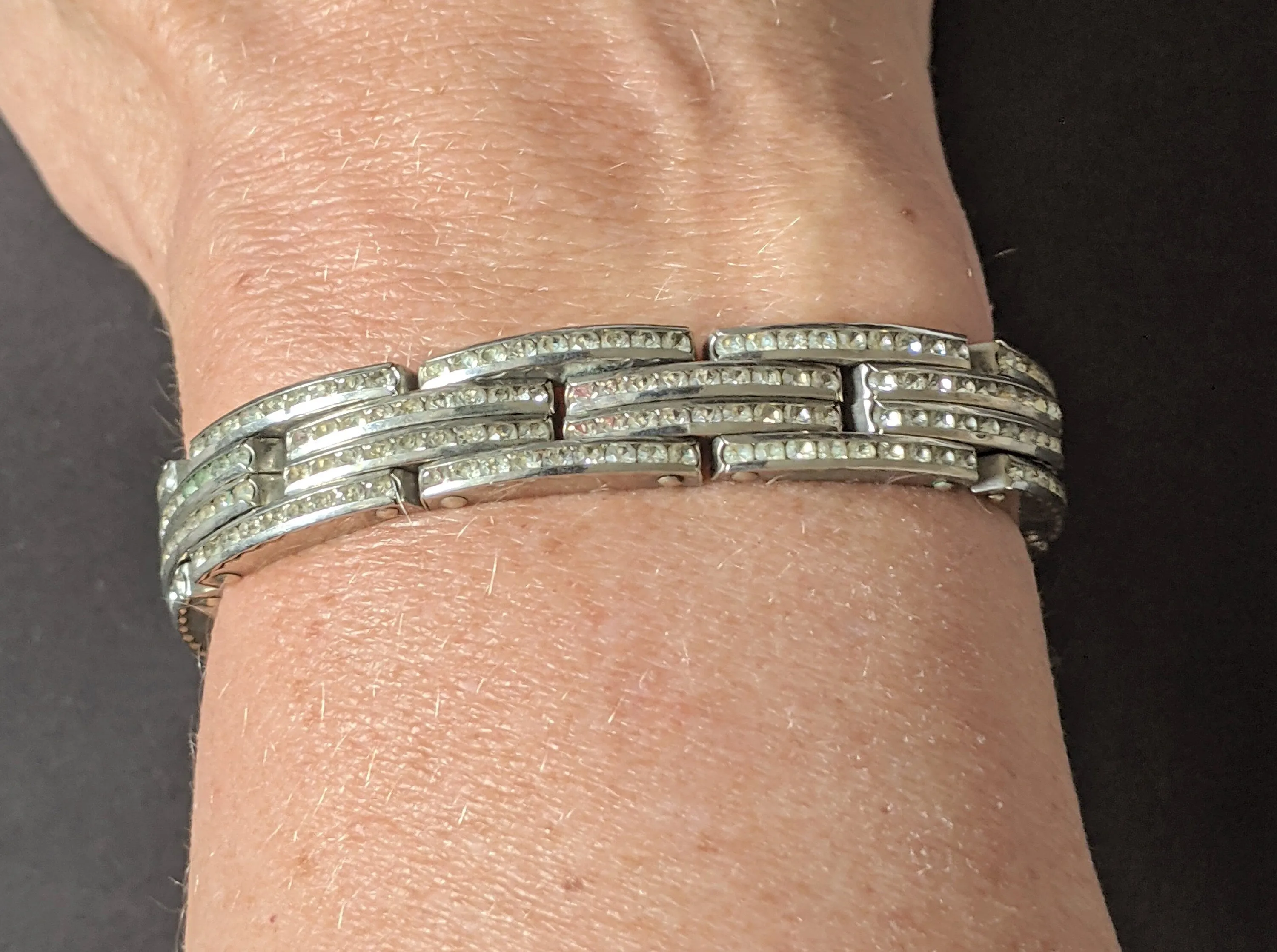 Vintage Art Deco DRGM channel set paste machine age stretch cocktail bracelet - signed 'Simex', a Schreiber & Hiller trademark