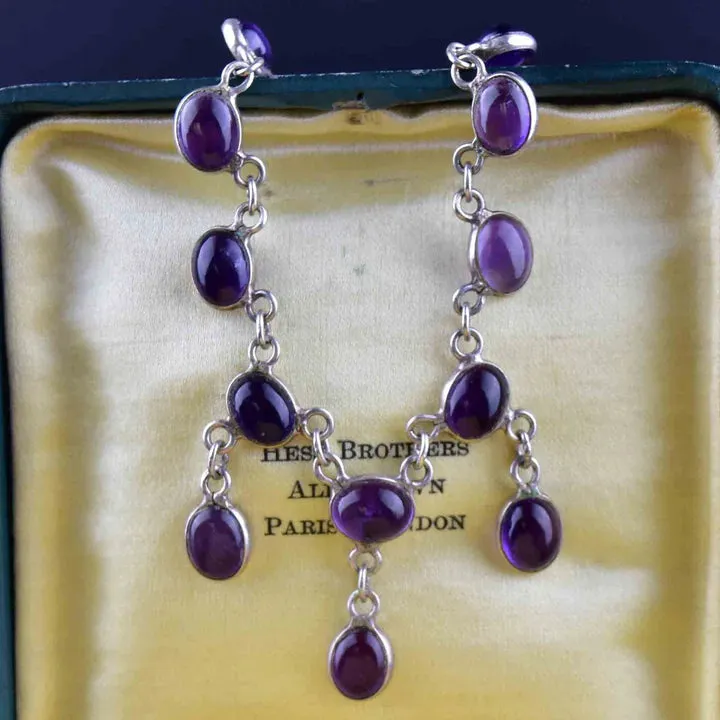 Vintage Art Deco Style Amethyst Cabochon Drop Sterling Silver Necklace