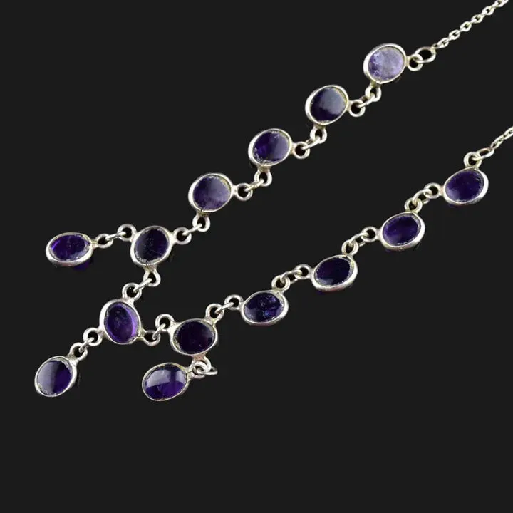 Vintage Art Deco Style Amethyst Cabochon Drop Sterling Silver Necklace