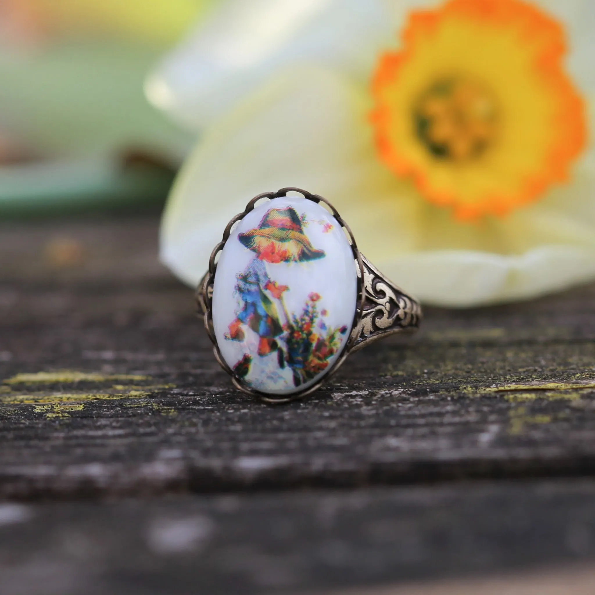 Vintage Girl Holly Hobbie Cameo Adjustable Rings in Antiqued Silver or Brass - Choose A Style