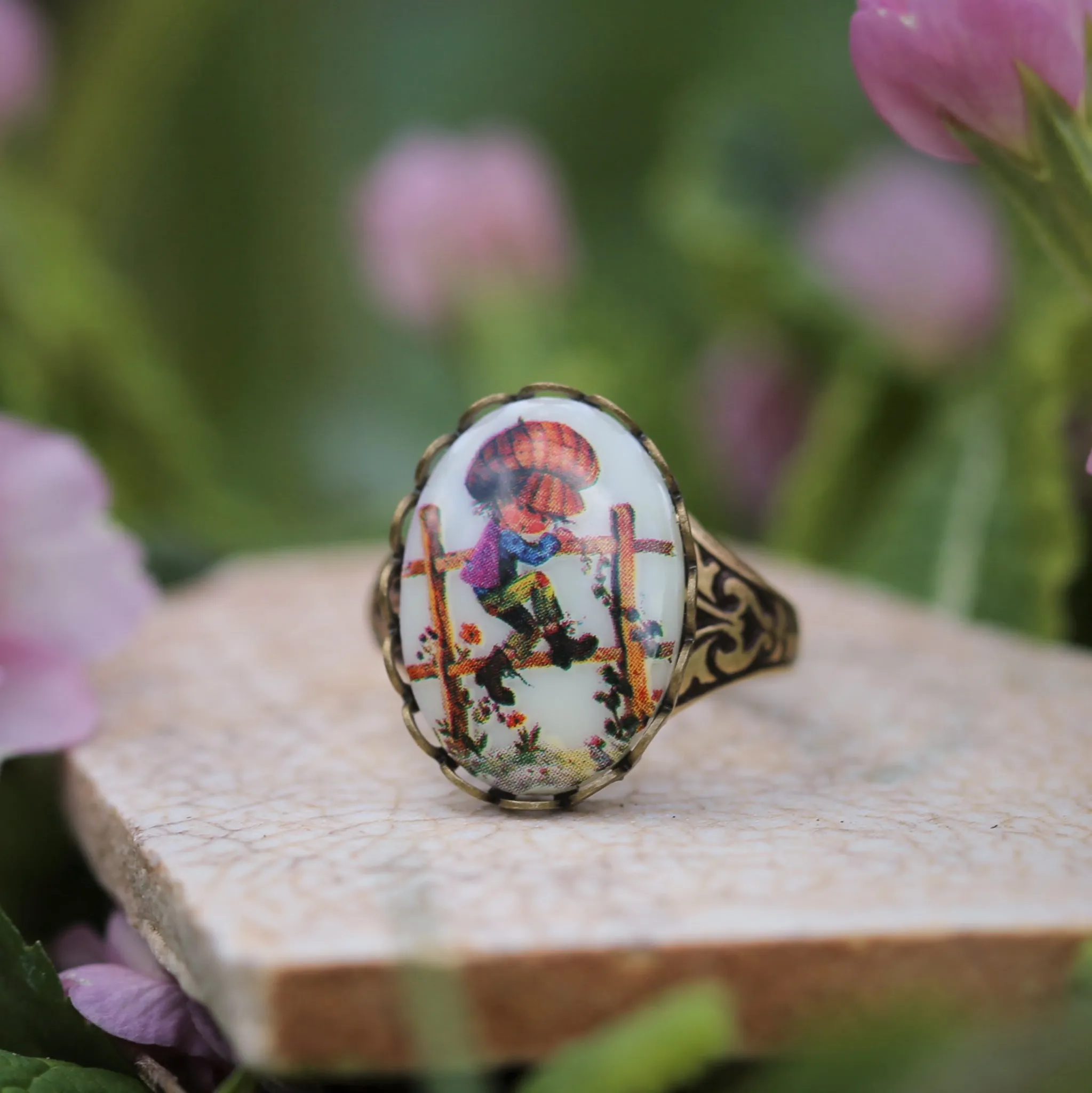 Vintage Girl Holly Hobbie Cameo Adjustable Rings in Antiqued Silver or Brass - Choose A Style