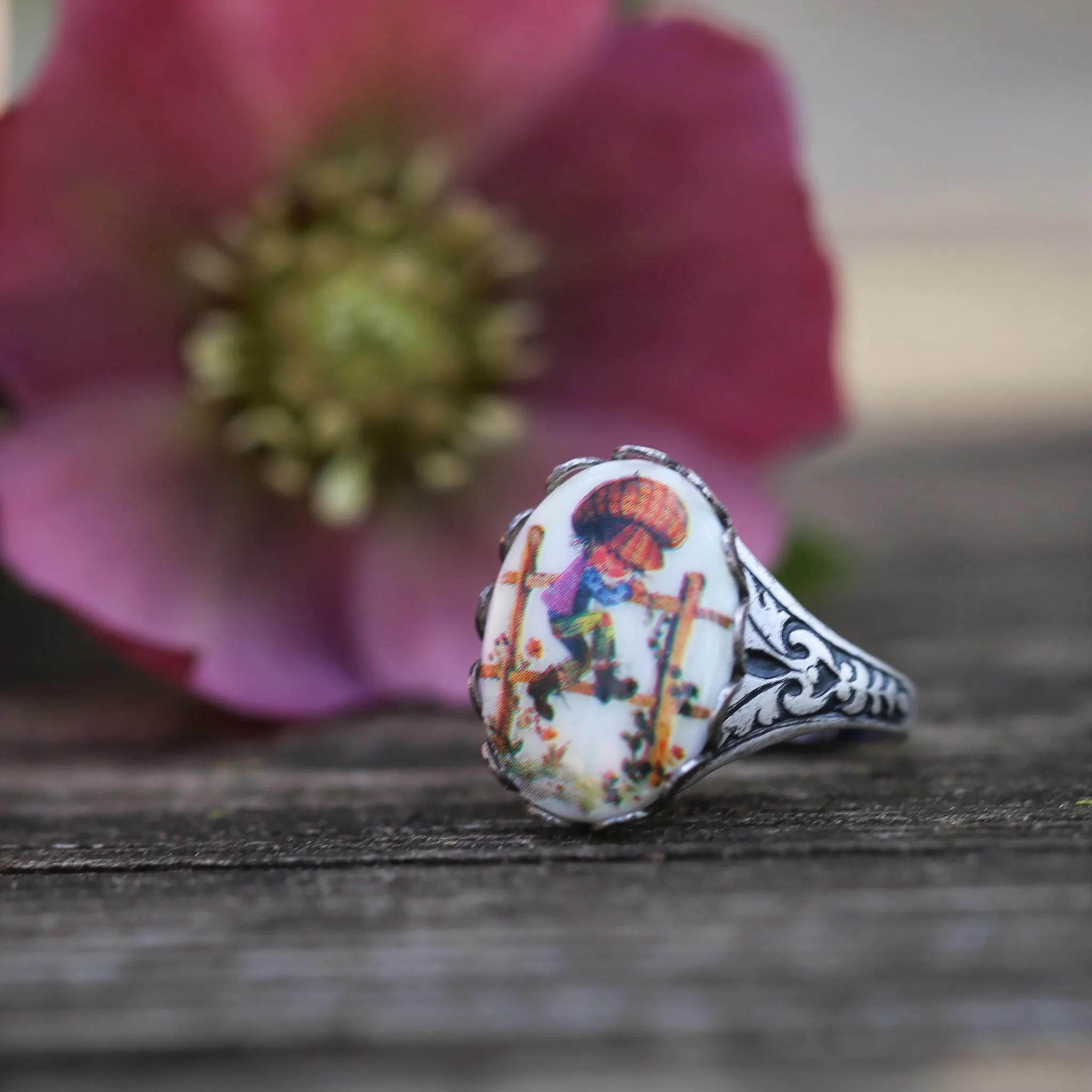 Vintage Girl Holly Hobbie Cameo Adjustable Rings in Antiqued Silver or Brass - Choose A Style