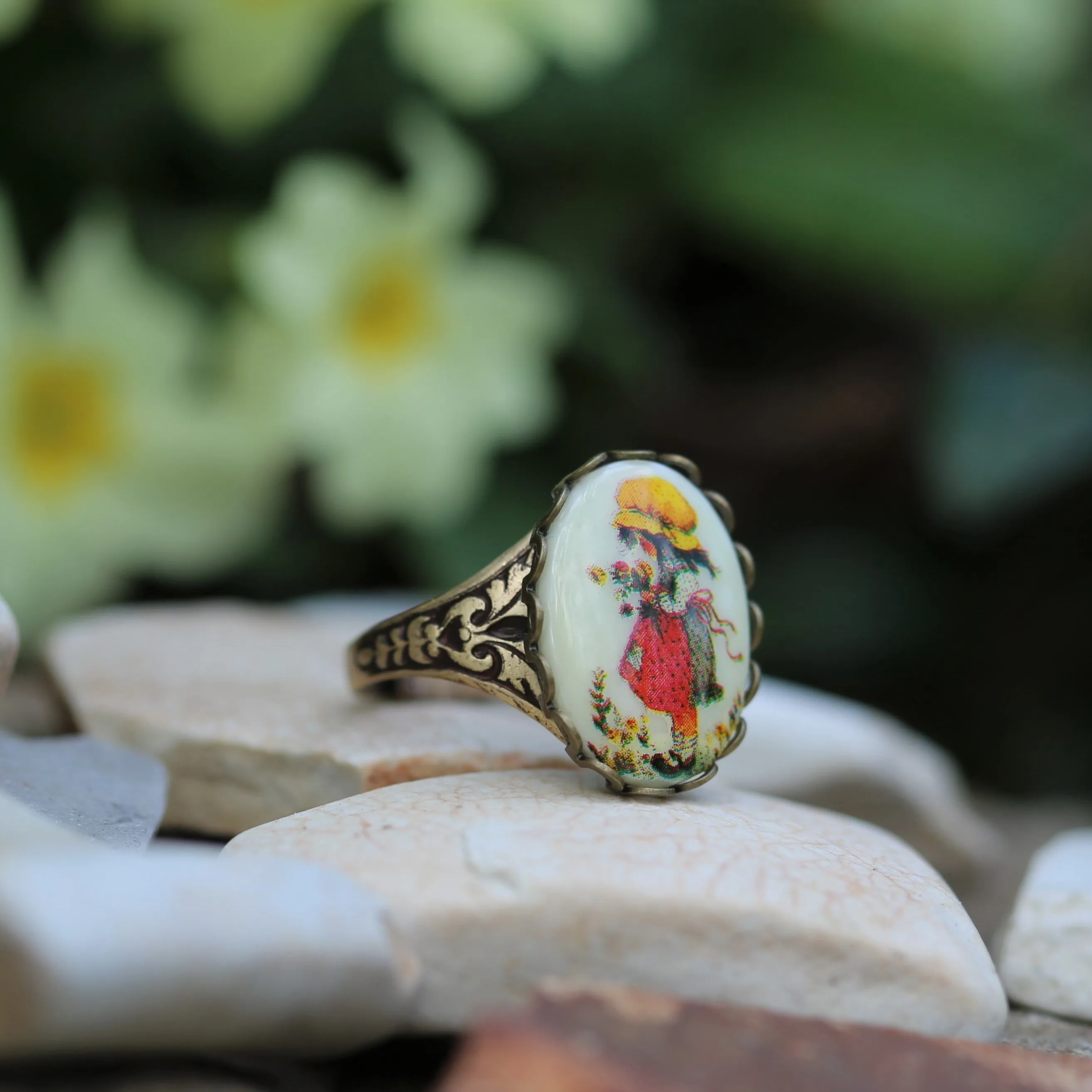 Vintage Girl Holly Hobbie Cameo Adjustable Rings in Antiqued Silver or Brass - Choose A Style