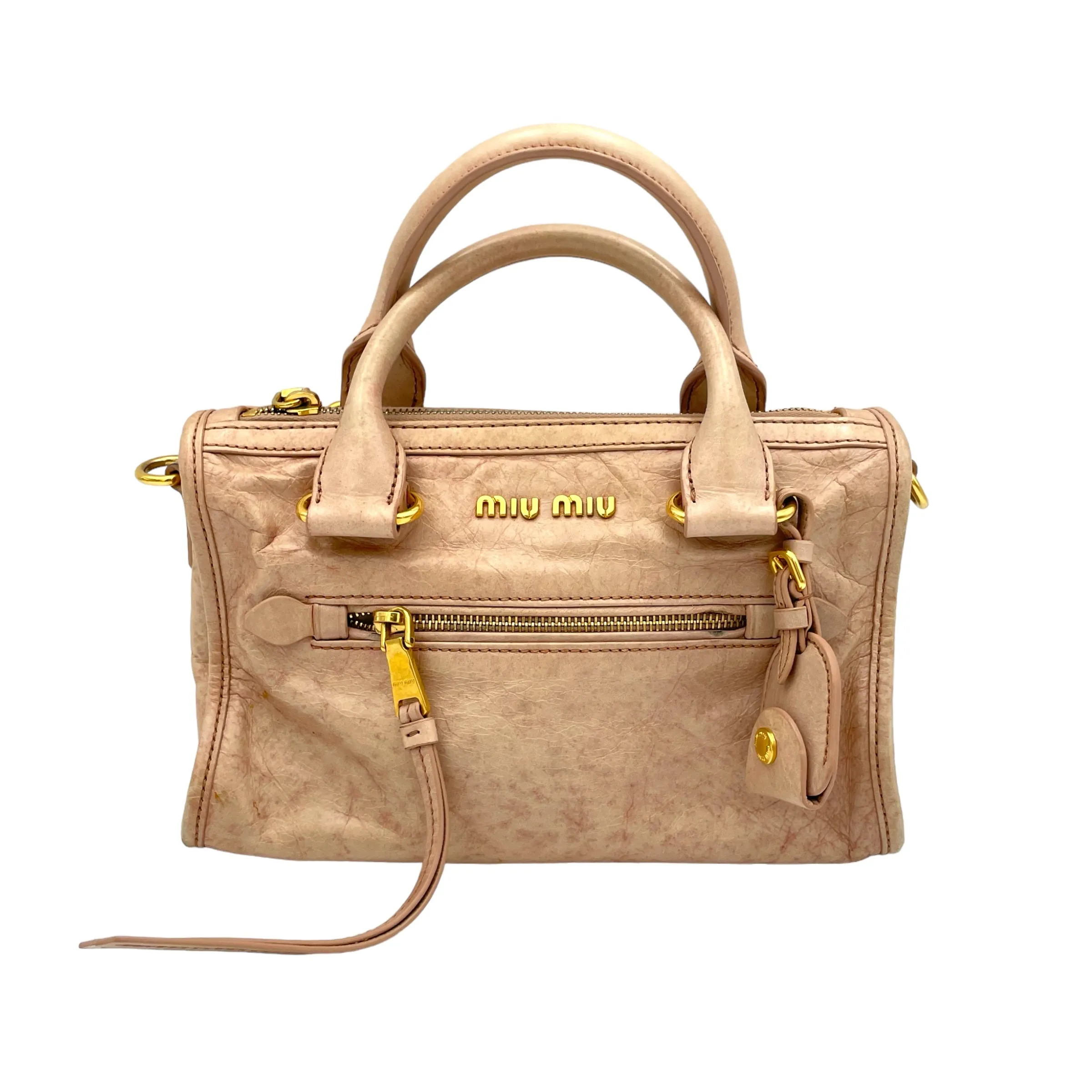 Vitello Shine Bauletto Satchel Pink Top Handle Bag in Distressed Leather, Gold hardware