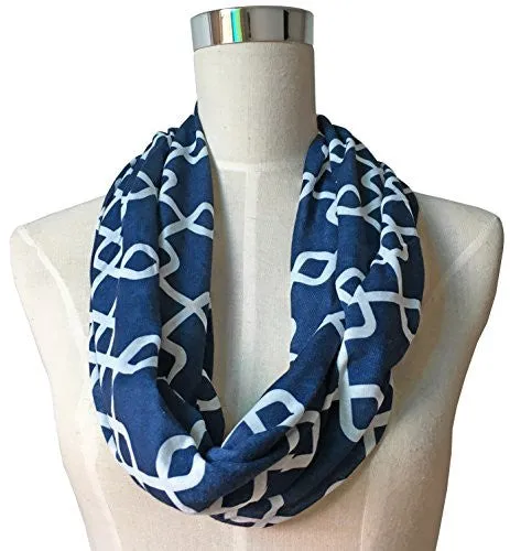 Womens Interlocking Chain Square Pattern Scarf w/ Zipper Pocket - Pop Fashion (Navy)