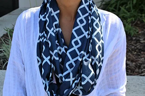 Womens Interlocking Chain Square Pattern Scarf w/ Zipper Pocket - Pop Fashion (Navy)